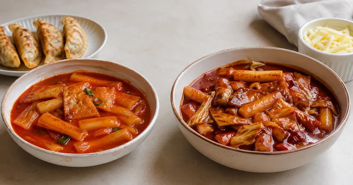 신전떡볶이와 엽기떡볶이 느낌의 매운 떡볶이를 나란히 놓고 비교한 점심 상차림