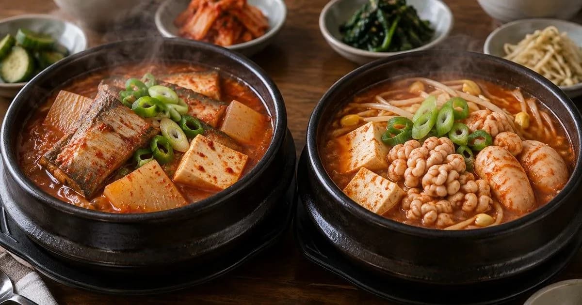 동태 생선살이 보이는 동태찌개와 알과 곤이가 중심인 알탕을 나란히 놓고 비교한 겨울 점심 상차림