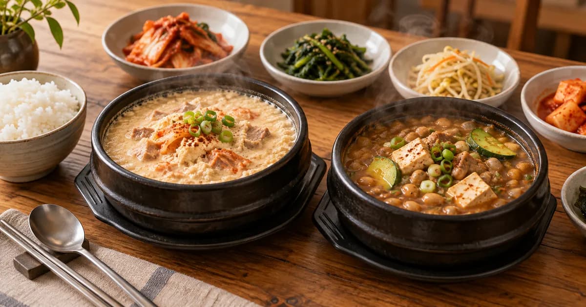 콩비지찌개와 청국장을 나란히 놓고 콩 식감과 발효 향 차이를 비교한 한식 점심 상차림