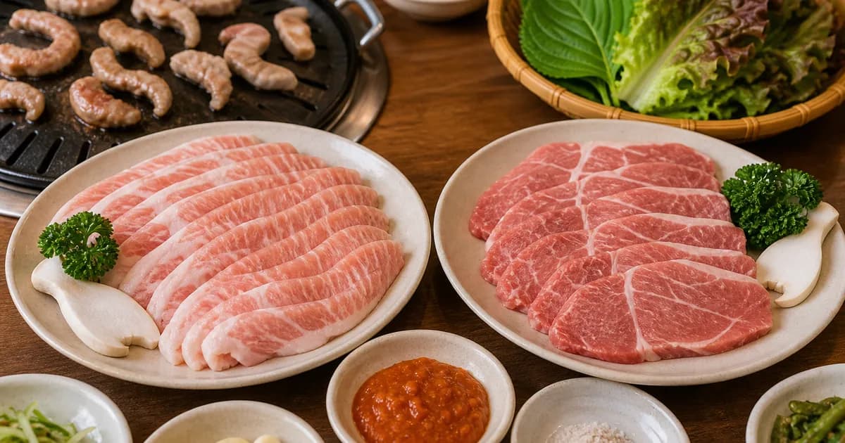 항정살과 가브리살을 접시별로 놓고 비교한 돼지고기 특수부위 점심 상차림