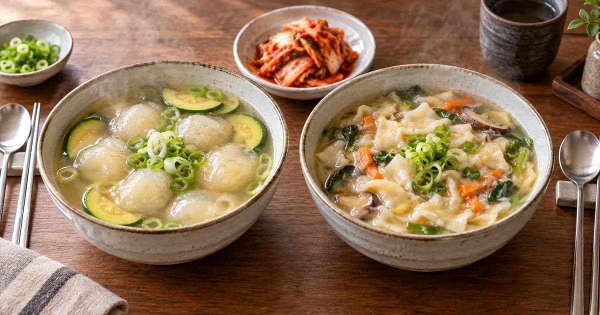 감자 옹심이와 수제비를 한 식탁에 나란히 놓고 반죽 모양과 국물 차이를 보여주는 한식 점심 상차림