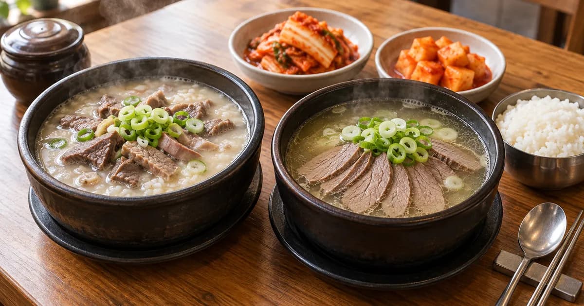소머리국밥과 곰탕을 한 식탁에 나란히 놓고 머릿고기와 맑은 국물 차이를 보여주는 한식 점심 상차림