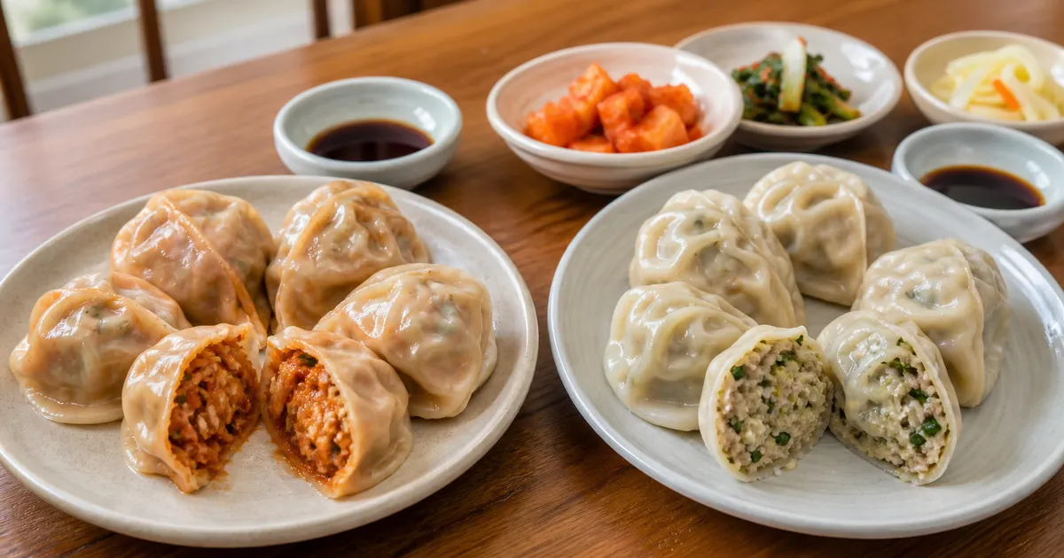 김치만두와 고기만두를 한 접시에 나란히 담아 속재료 차이를 보여주는 한식 점심 상차림