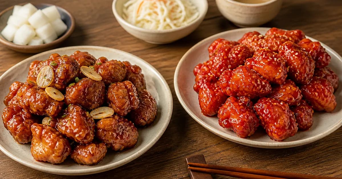 간장치킨과 양념치킨을 한 상에 나란히 놓고 비교한 배달 치킨 점심 상차림