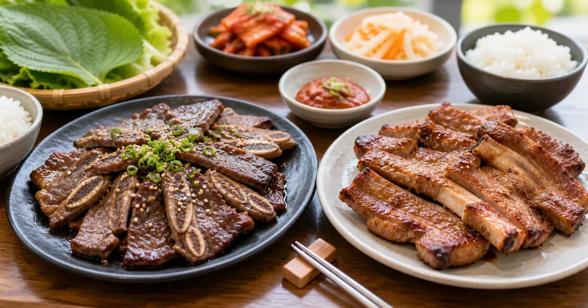 LA갈비와 돼지갈비를 한 상에 놓고 부위와 양념 차이를 비교한 한식 점심 상차림