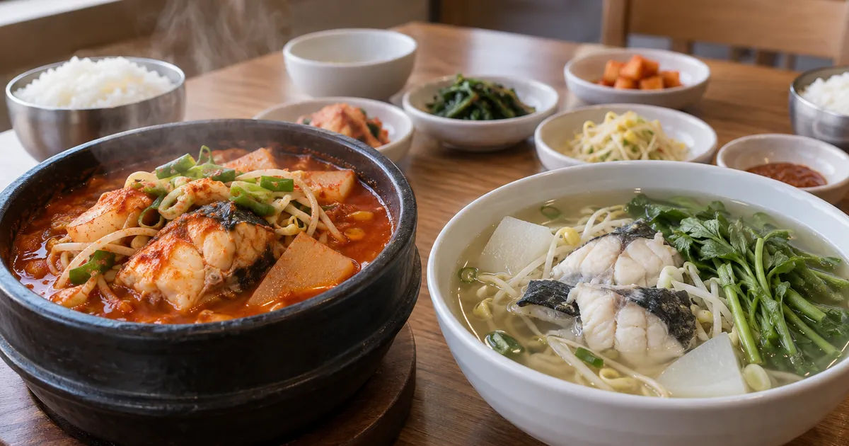 대구탕과 복지리를 한 식탁에 나란히 놓고 국물 색과 생선살 차이를 비교한 한식 점심 상차림