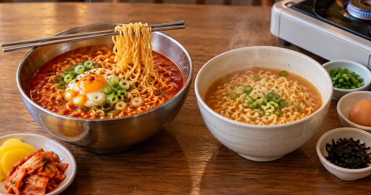 분식집라면과 즉석라면 두 그릇을 나란히 놓고 조리 환경과 토핑 차이를 보여주는 점심 상차림