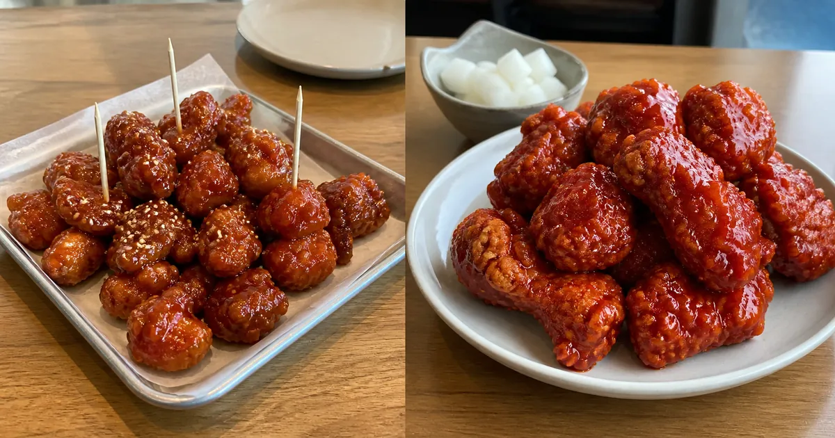 작은 닭강정 조각과 큰 양념치킨 조각을 나란히 놓고 소스 코팅과 크기를 비교한 점심 상차림