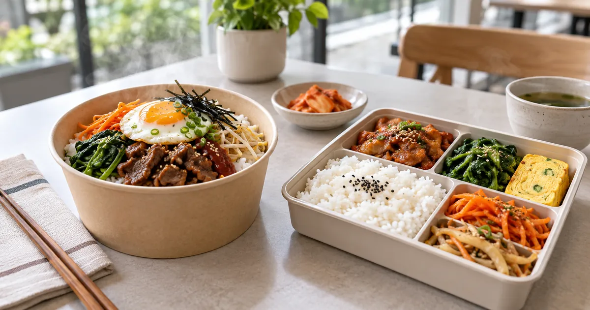 컵밥과 도시락을 나란히 놓고 휴대성과 반찬 구성을 비교한 한국식 점심 상차림