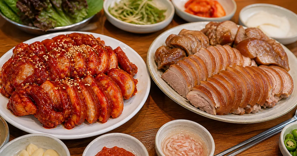 불족발과 기본 족발을 한 상에 놓고 매운 양념과 담백한 살결 차이를 비교한 한식 점심 상차림