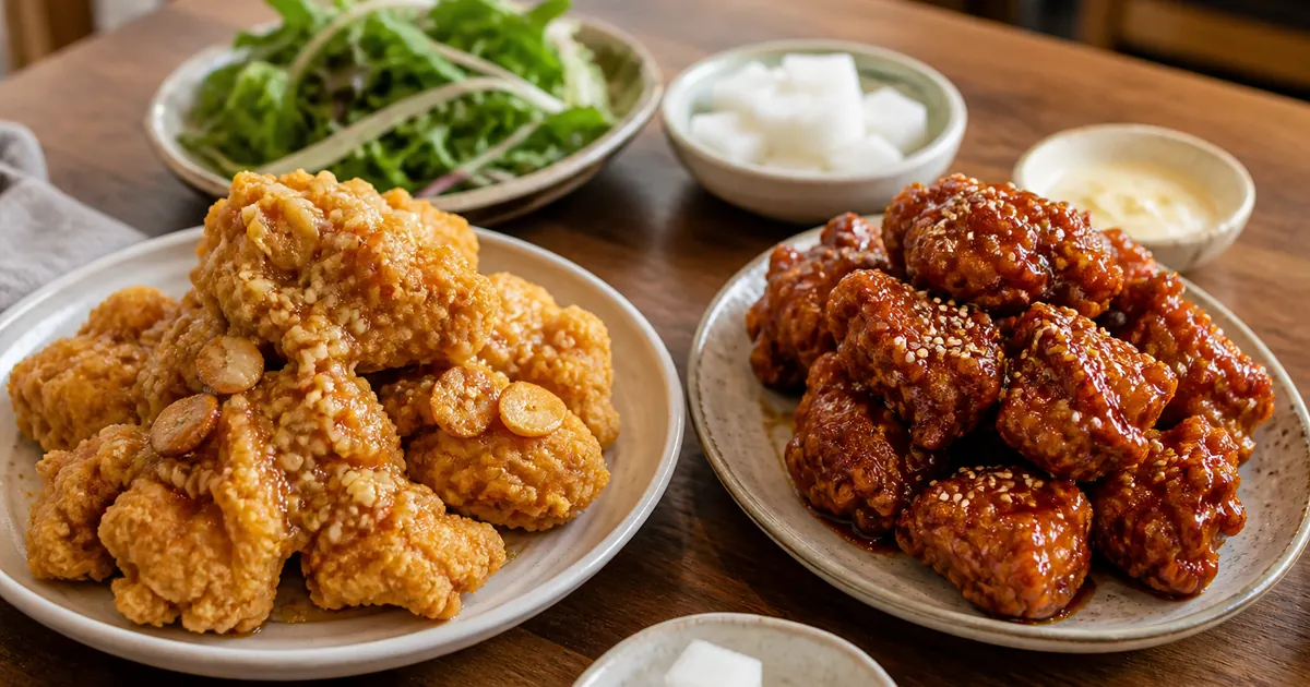 마늘 토핑 치킨과 윤기 나는 간장치킨을 한 상에 놓고 맛과 소스 차이를 비교한 점심 치킨 상차림