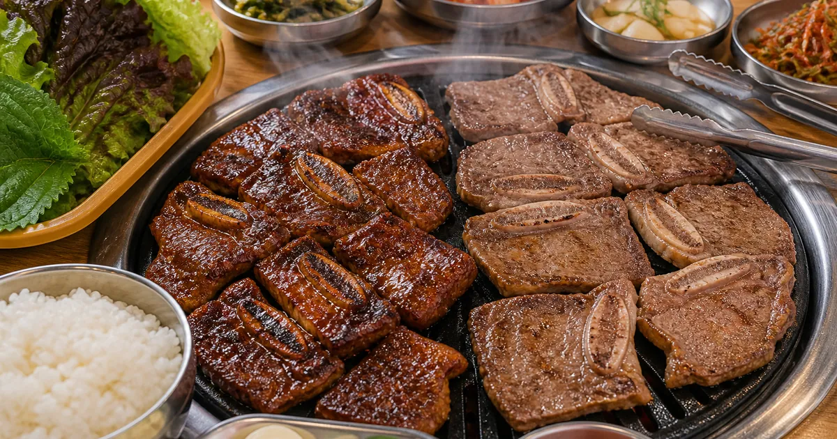 양념갈비와 생갈비를 한 불판에 나누어 비교한 한식 점심 상차림