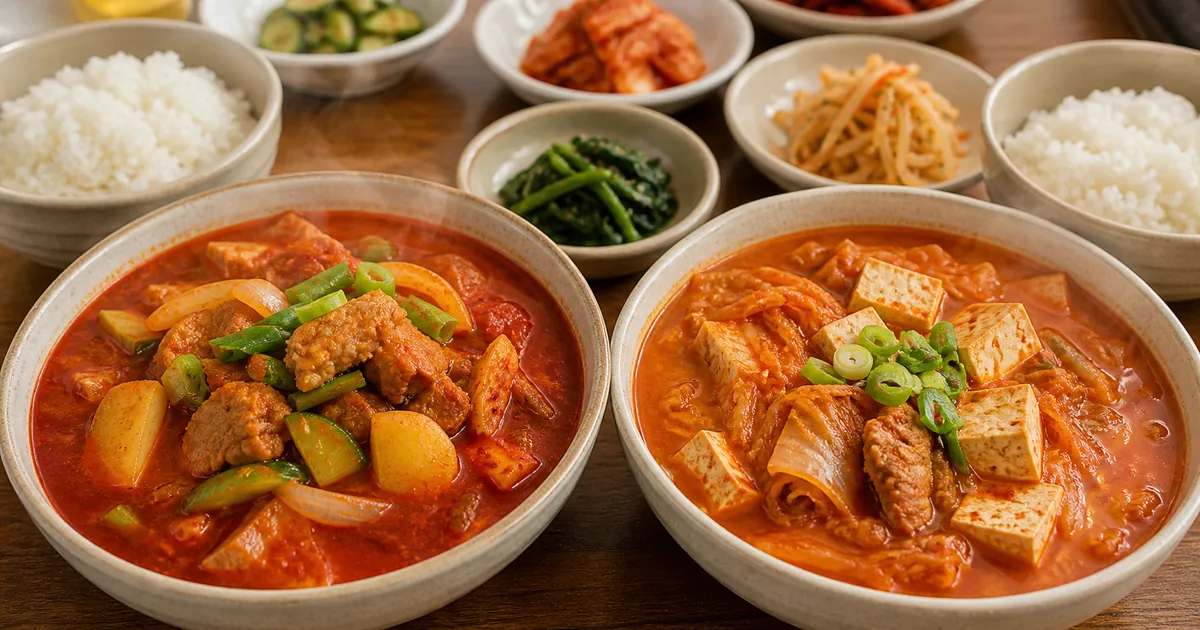 고추장찌개와 김치찌개를 나란히 놓고 고추장 국물과 김치 국물 차이를 비교한 한식 점심 상차림