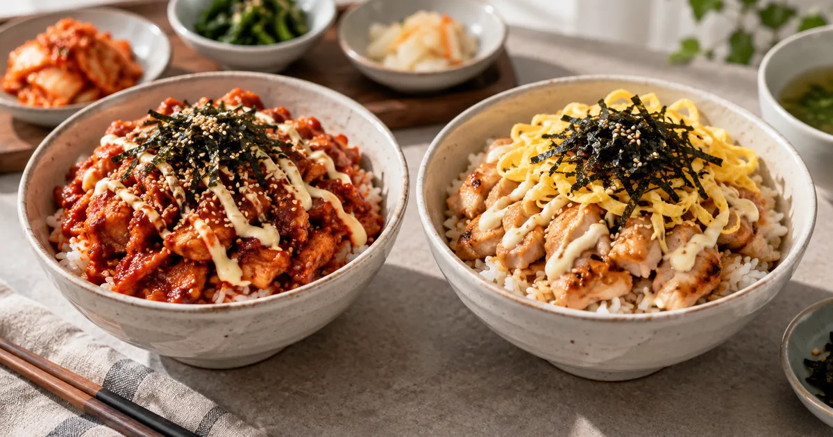 불닭마요와 치킨마요 덮밥을 나란히 놓고 매운 붉은 소스와 부드러운 마요 소스 차이를 보여주는 점심 상차림