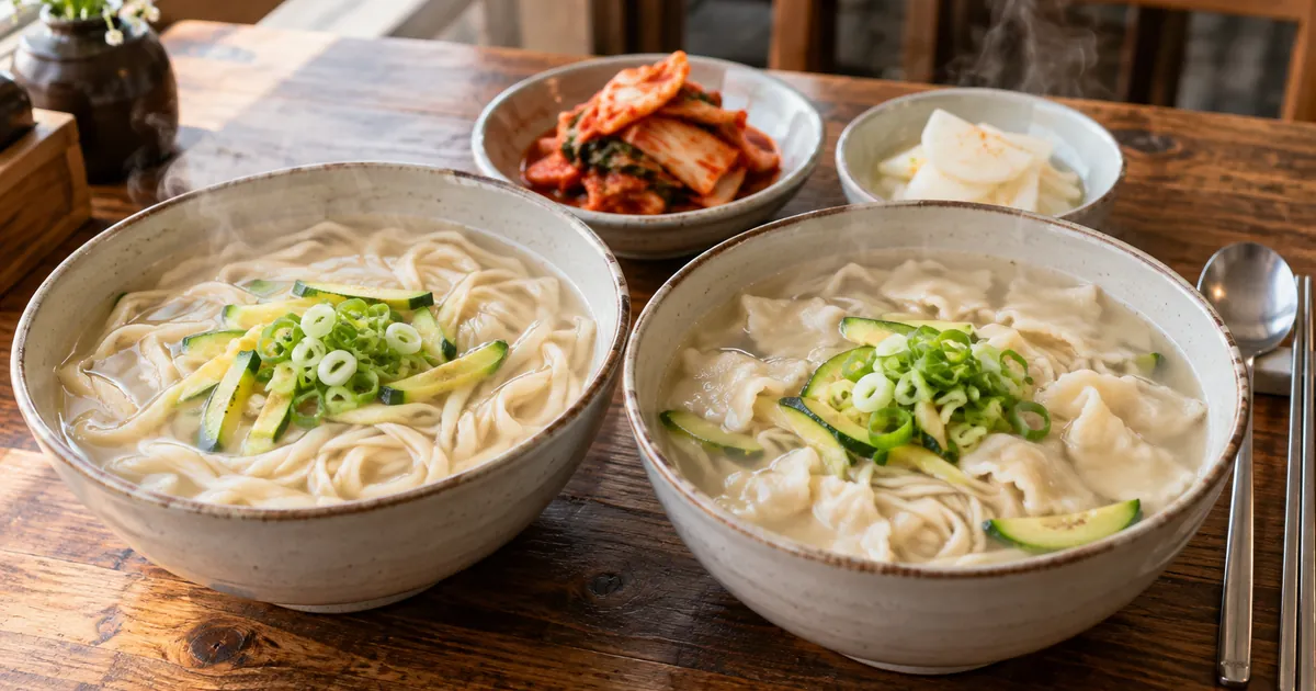 칼제비와 칼국수 두 그릇을 나란히 놓고 면발과 수제비 반죽을 비교한 따뜻한 한식 점심 상차림