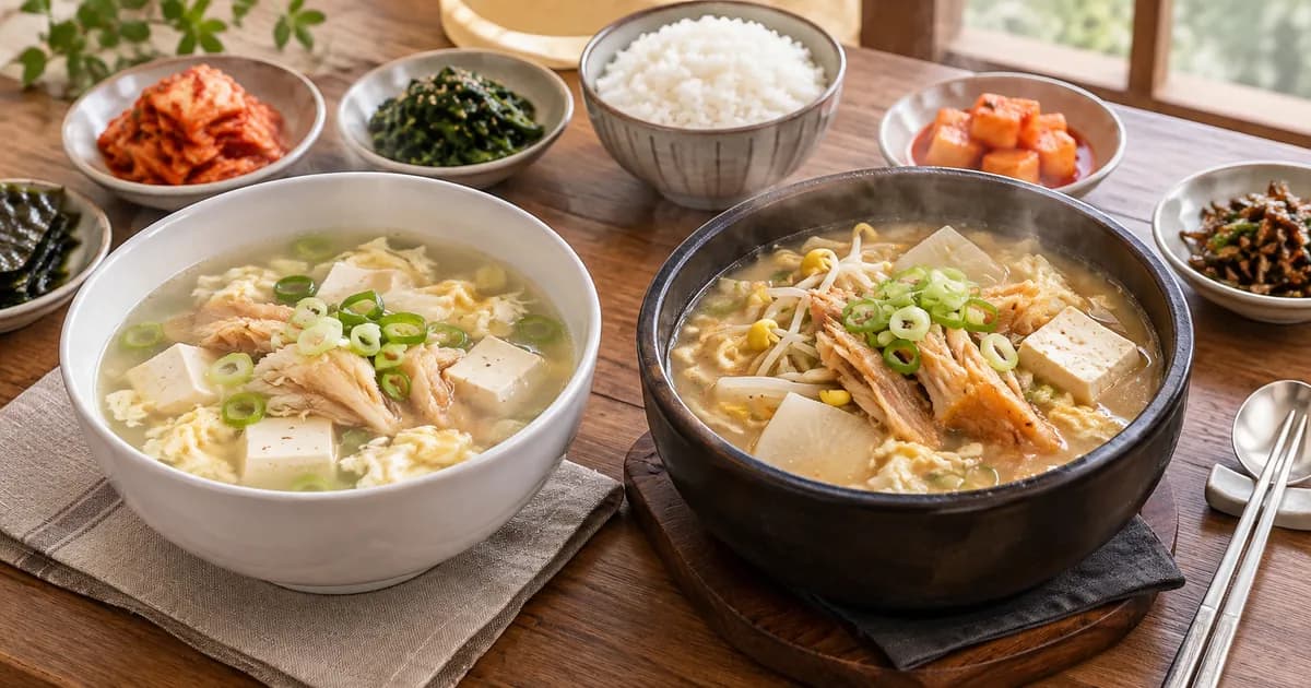 맑은 북엇국과 뚝배기 황태해장국을 나란히 놓고 비교한 한식 점심 상차림