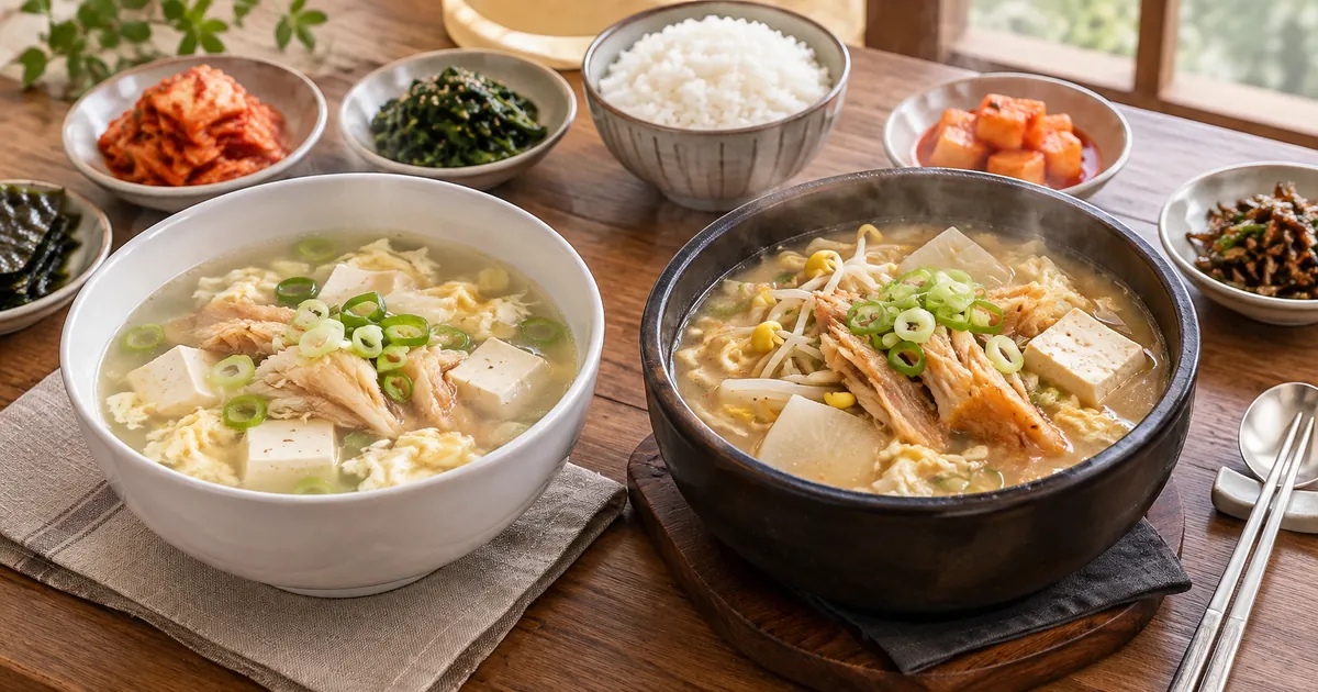 맑은 북엇국과 뚝배기 황태해장국을 나란히 놓고 비교한 한식 점심 상차림