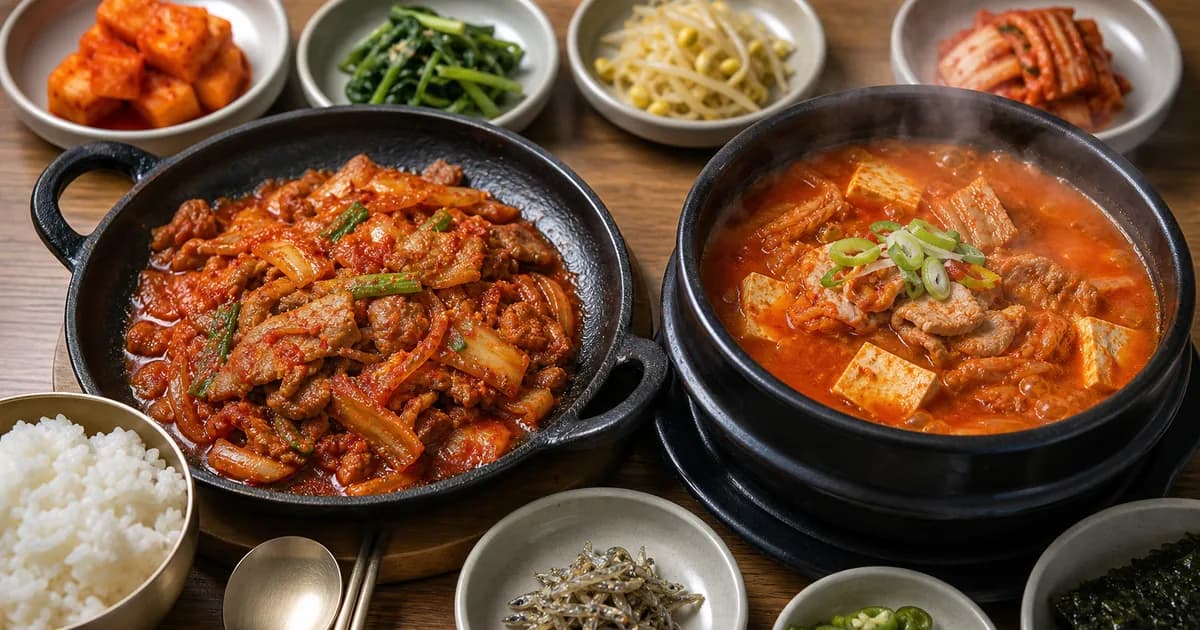 짜글이와 김치찌개를 나란히 놓고 자작한 국물과 넉넉한 찌개 국물을 비교한 한식 점심 상차림
