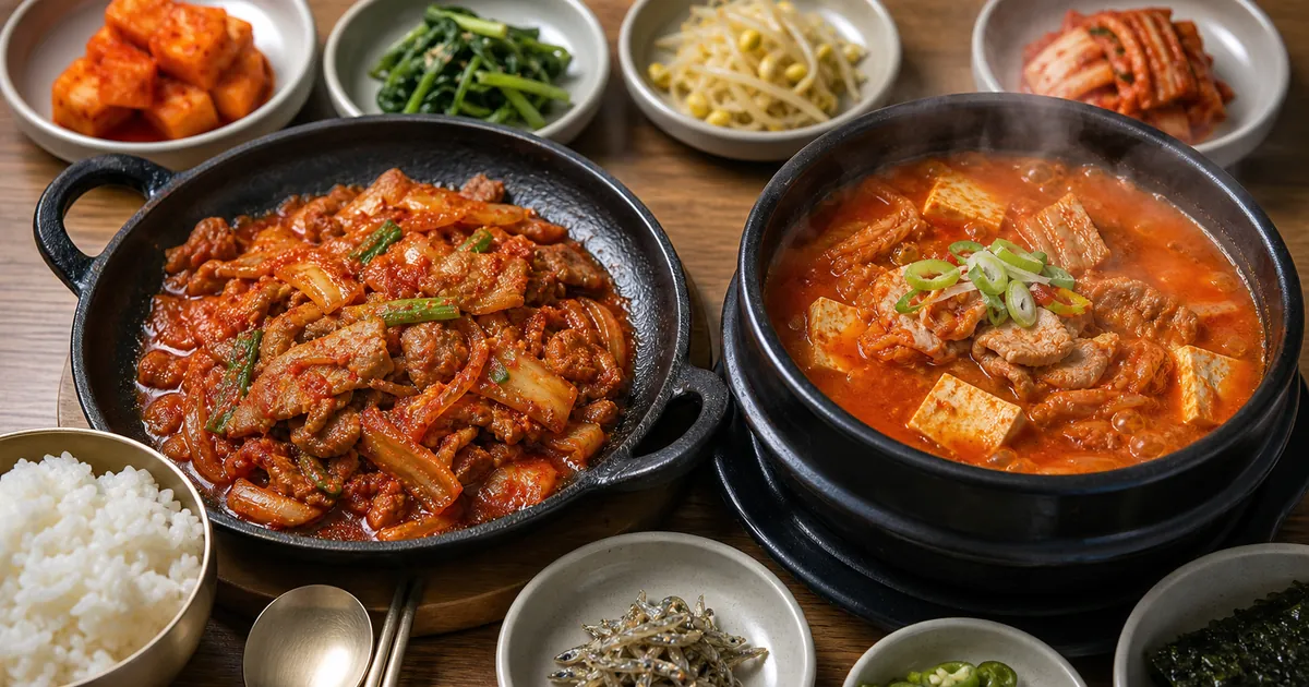 짜글이와 김치찌개를 나란히 놓고 자작한 국물과 넉넉한 찌개 국물을 비교한 한식 점심 상차림