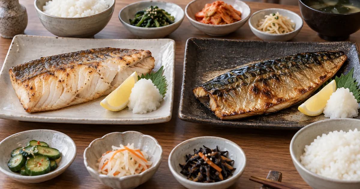삼치구이와 고등어구이를 나란히 놓고 살결과 기름진 맛 차이를 보여주는 한식 점심 상차림
