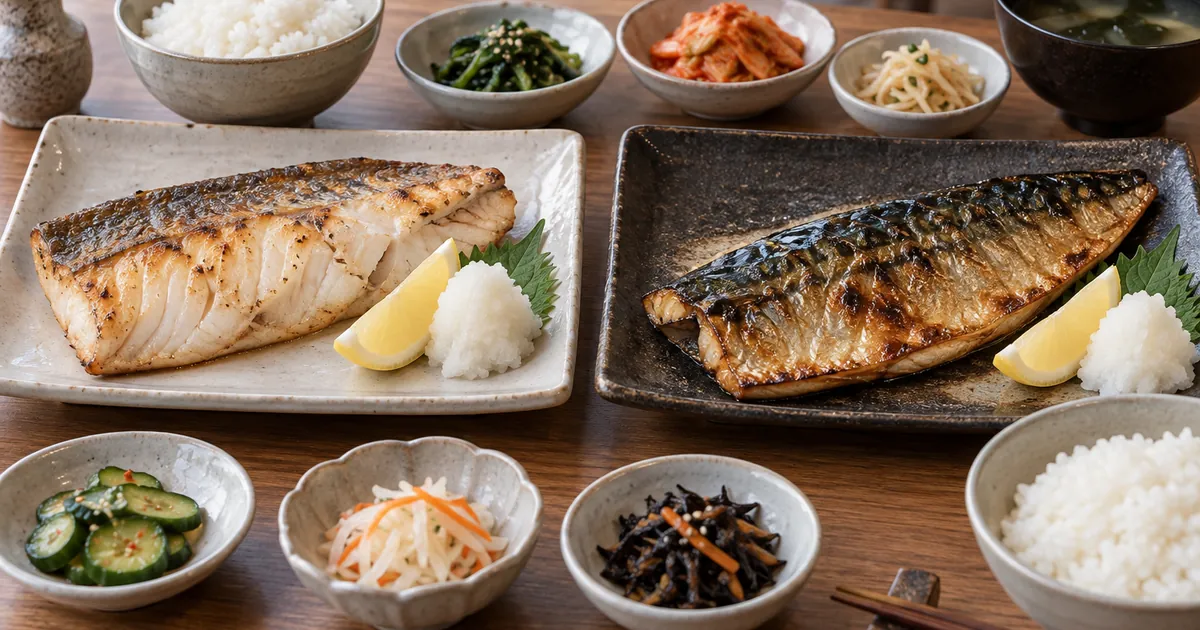 삼치구이와 고등어구이를 나란히 놓고 살결과 기름진 맛 차이를 보여주는 한식 점심 상차림