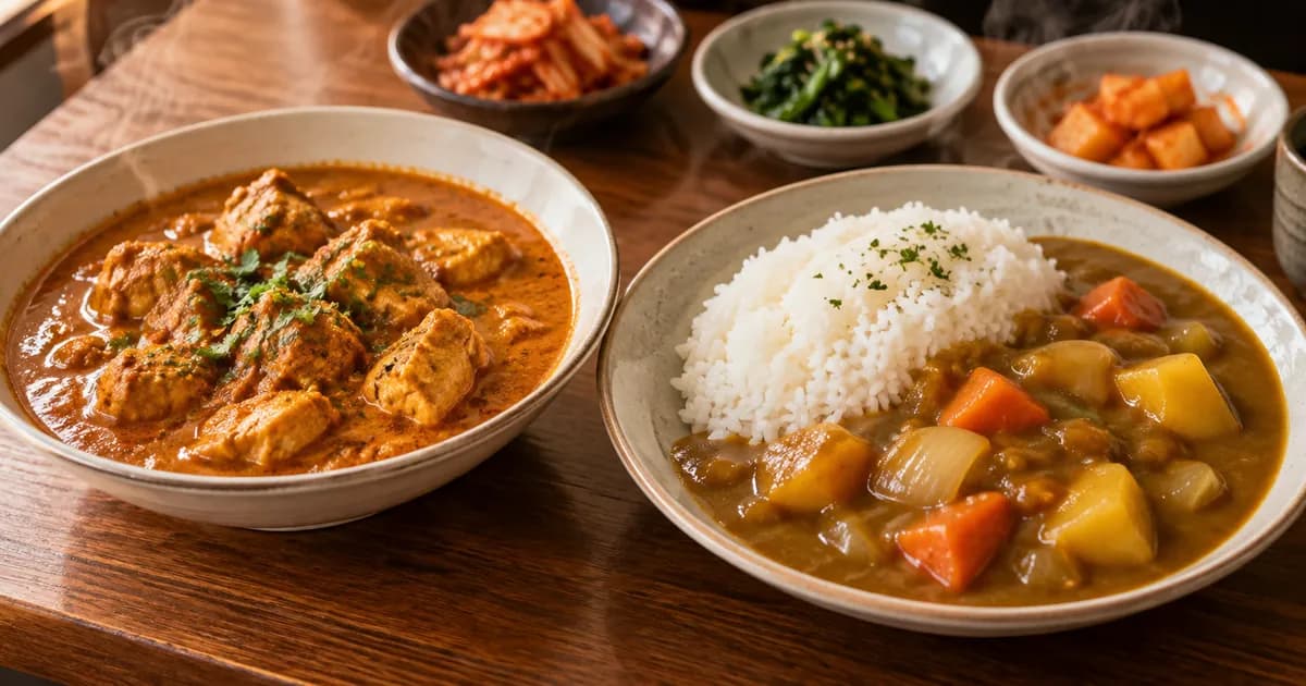 치킨커리와 카레라이스를 나란히 놓고 닭고기 커리와 걸쭉한 밥 카레 차이를 보여주는 점심 상차림