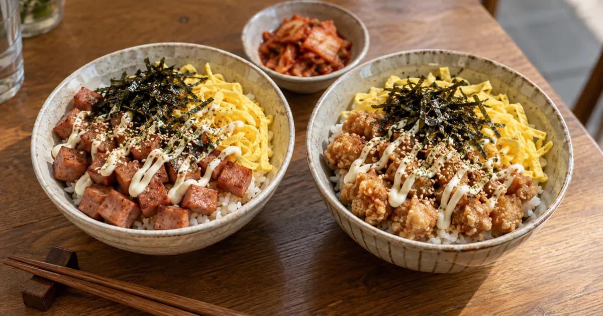 스팸마요와 치킨마요 두 그릇을 나란히 놓고 짠맛과 튀김 식감을 비교한 한식 점심 상차림