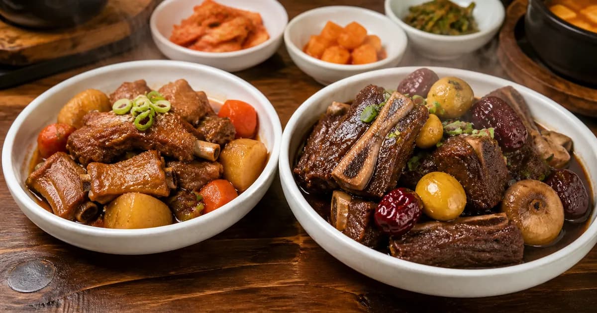 돼지갈비찜과 소갈비찜을 나란히 놓고 고기 크기와 간장 양념 색을 비교한 한식 점심 상차림