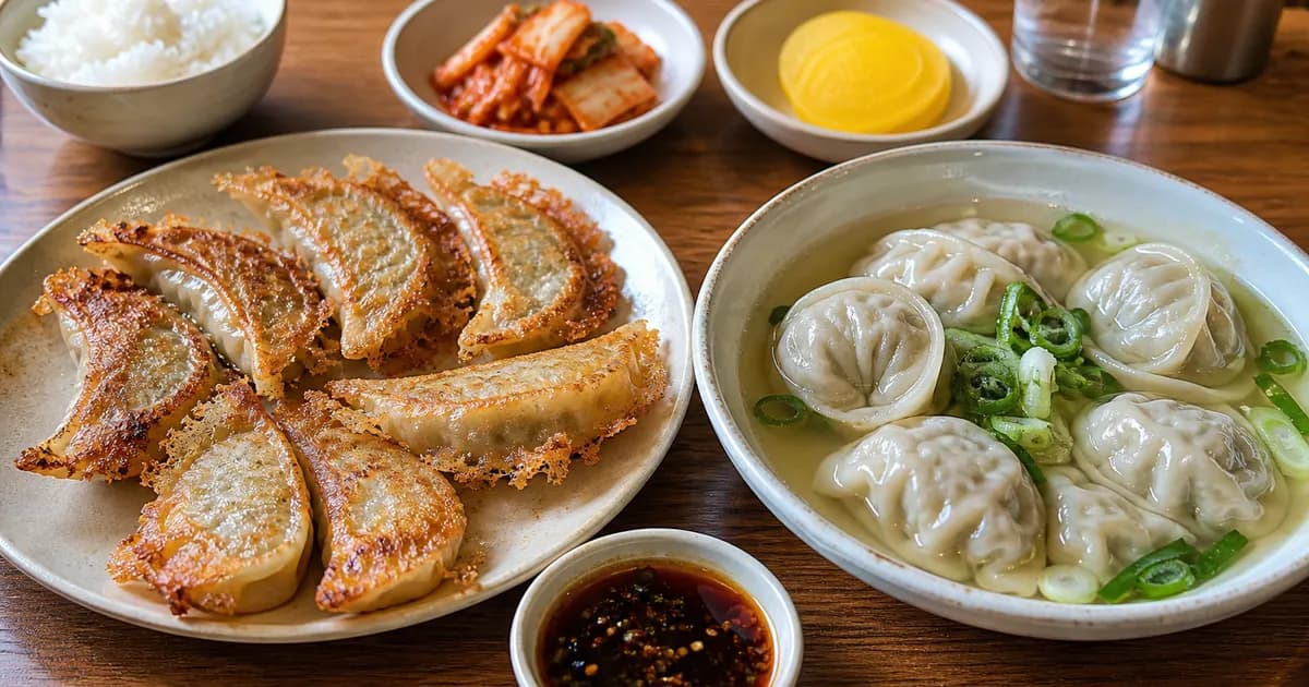 군만두와 물만두를 나란히 놓고 바삭한 굽기와 부드러운 삶기 차이를 비교한 만두 점심 상차림