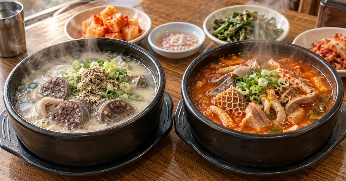 순대국과 내장탕 두 그릇을 나란히 놓고 국물 색과 건더기 차이를 보여주는 한식 점심 상차림