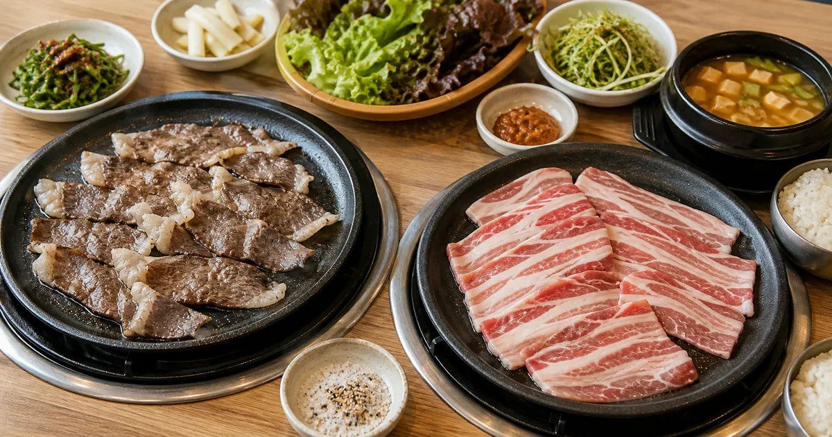 차돌박이와 우삼겹을 각각 구워 비교한 한식 점심 상차림