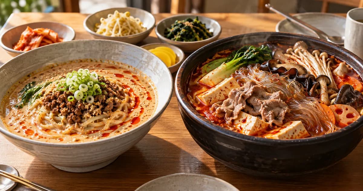 탄탄면과 마라탕 두 그릇을 나란히 놓고 땅콩 국물과 마라 국물을 비교한 점심 상차림