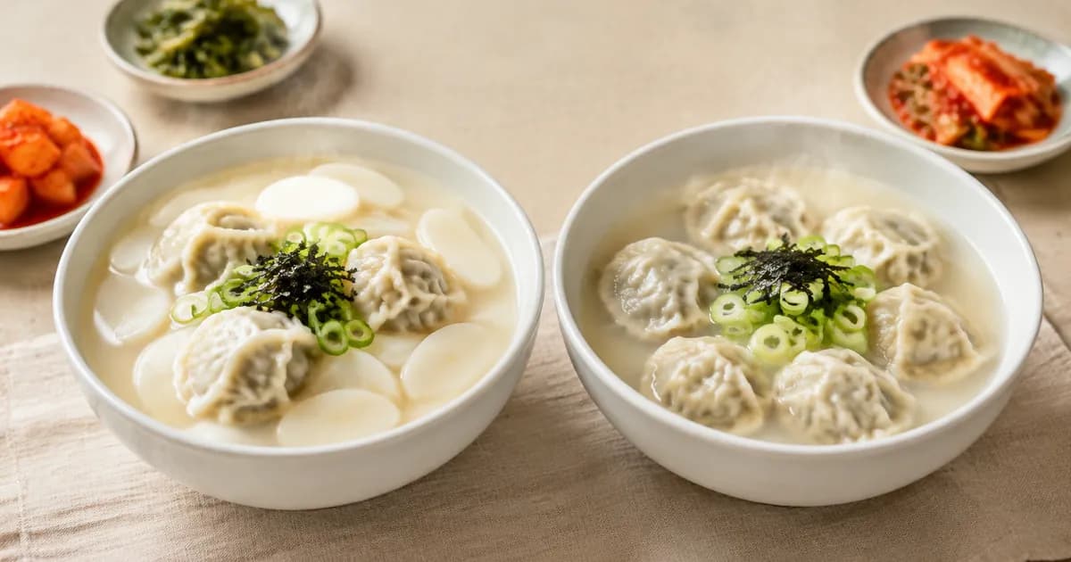 떡만둣국과 만둣국을 한식 점심 상에 나란히 놓고 떡과 만두 차이를 비교한 국물요리 상차림
