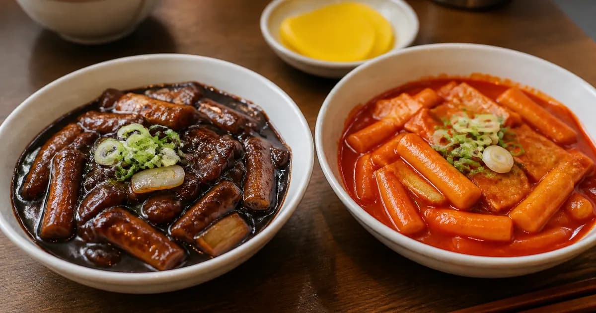 짜장떡볶이와 고추장떡볶이를 나란히 놓고 소스 색과 매운맛 차이를 비교한 분식 점심 상차림