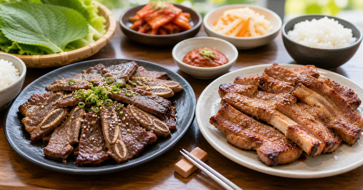 LA갈비와 돼지갈비를 한 상에 놓고 부위와 양념 차이를 비교한 한식 점심 상차림