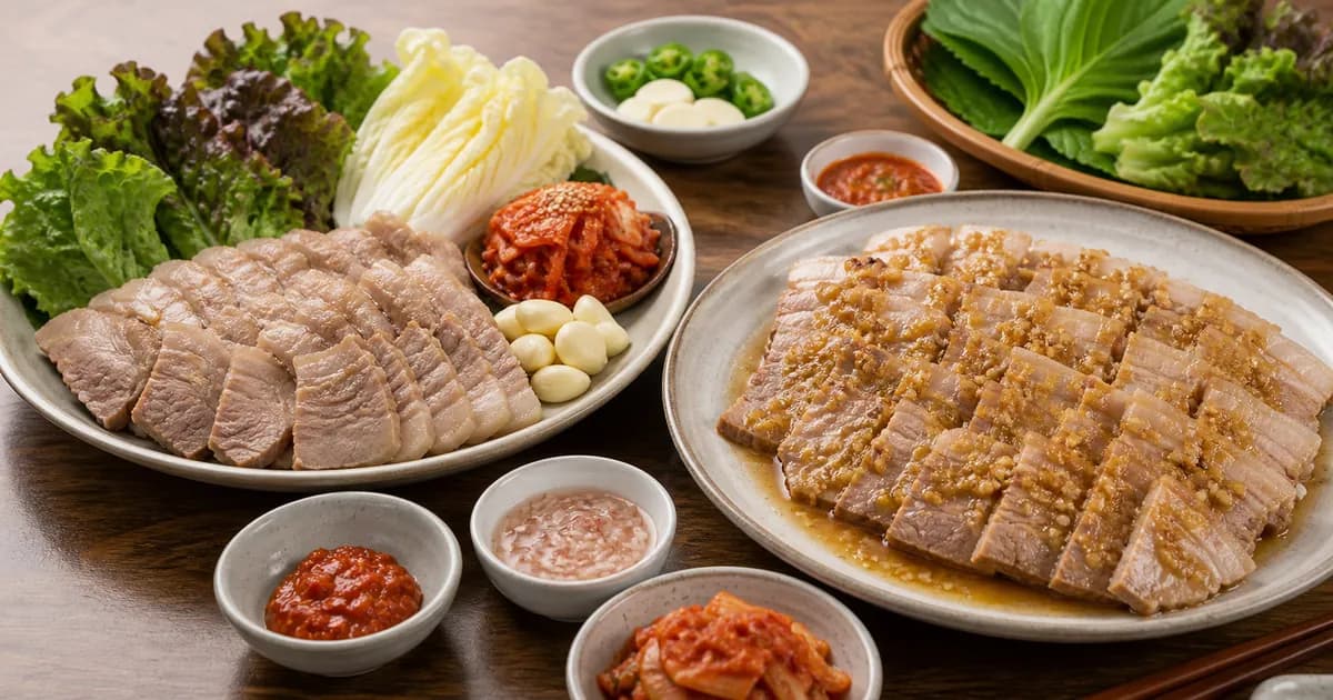 마늘소스를 얹은 마늘보쌈과 담백한 일반 보쌈을 한 상에서 비교한 한식 점심 상차림