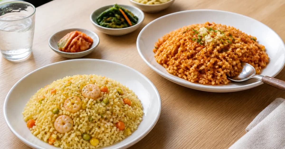필라프와 볶음밥을 접시별로 놓고 비교한 쌀요리 점심 상차림