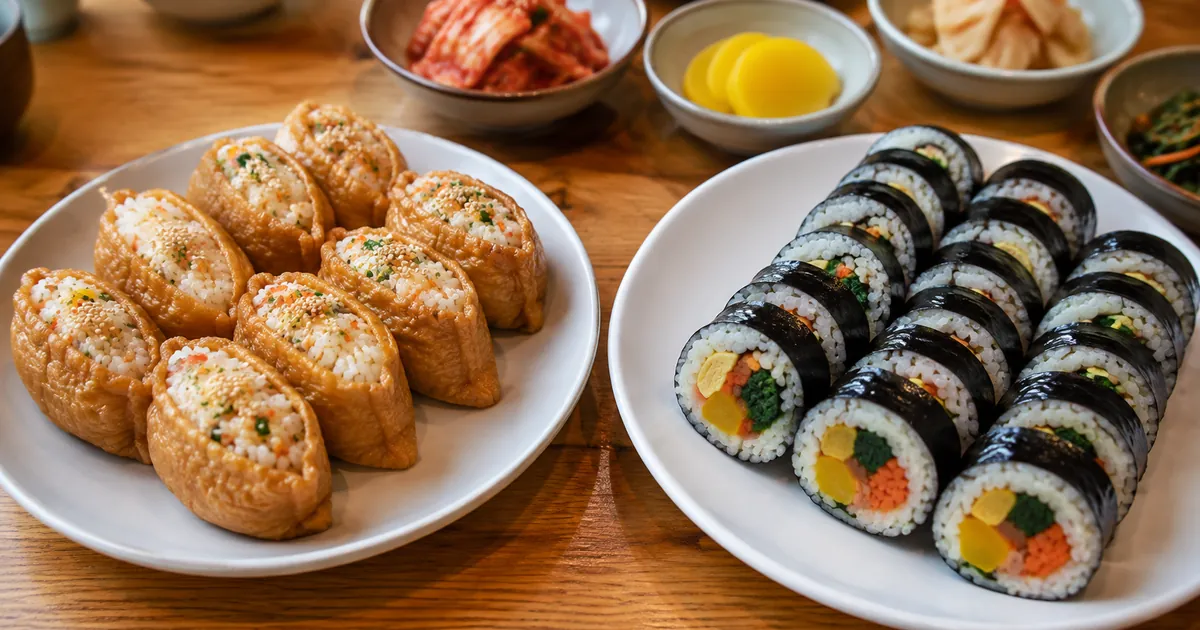 유부초밥과 김밥을 한 상에 놓고 밥 양념과 속재료 차이를 비교한 점심 상차림