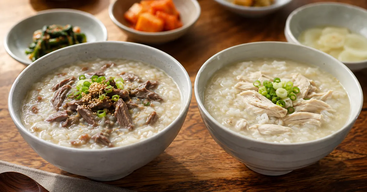 소고기죽과 닭죽을 나란히 놓고 비교한 따뜻한 한식 죽 상차림
