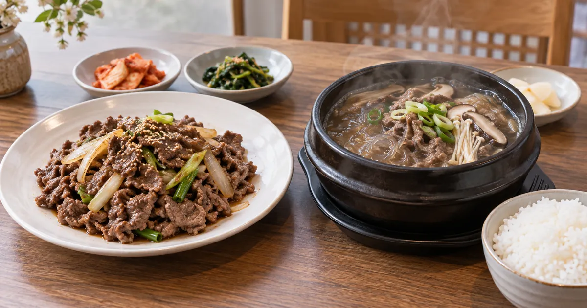 소불고기 접시와 국물 있는 뚝배기불고기를 나란히 놓고 비교한 한국식 점심 상차림