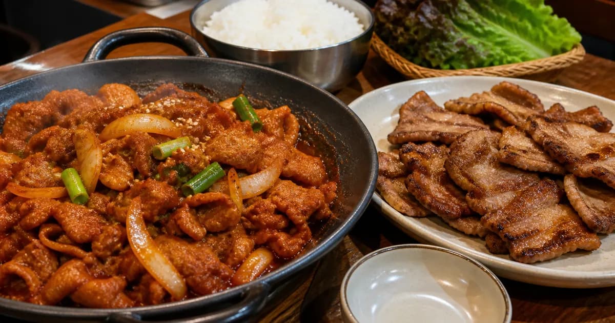 매콤한 제육볶음과 양념 주물럭 고기를 함께 놓은 한식 점심 비교 상차림
