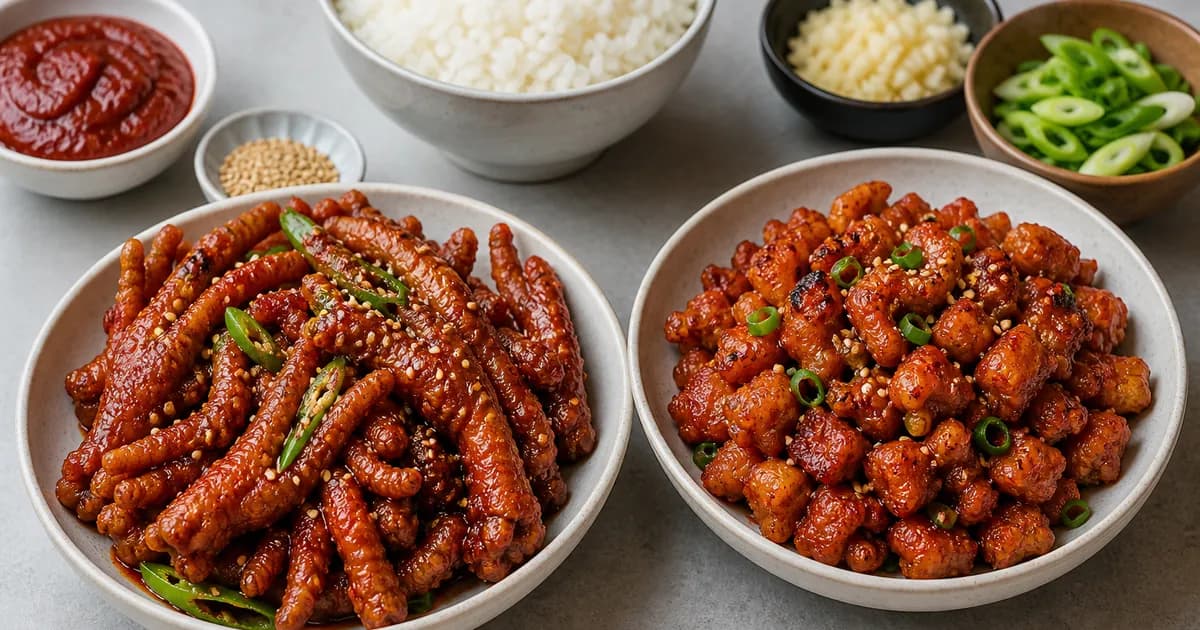 닭발과 오돌뼈 볶음을 나란히 놓고 매운 양념과 씹는 식감 차이를 비교한 한식 점심 상차림
