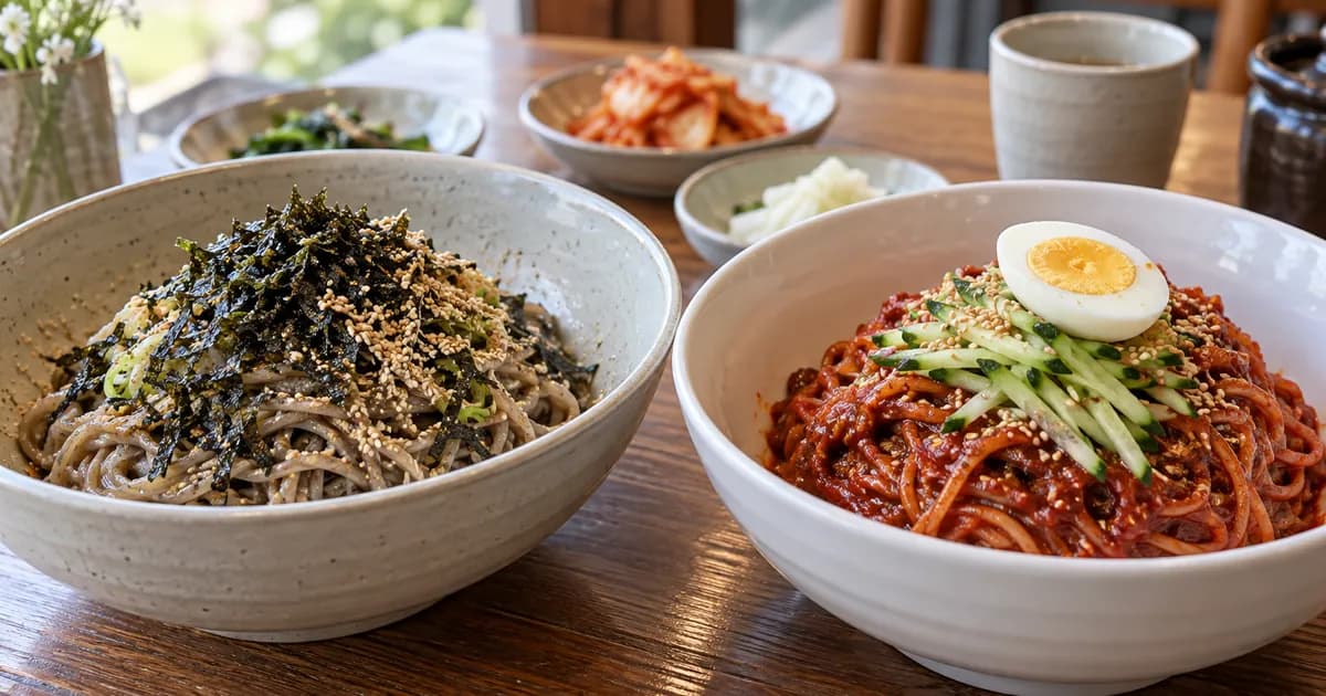 들기름막국수와 비빔막국수를 나란히 놓은 한식 점심 비교 상차림