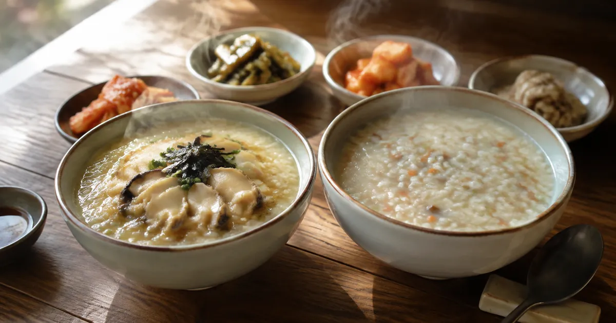 전복죽과 야채죽을 한식 점심 상에 나란히 놓고 재료와 포만감 차이를 비교한 죽 상차림